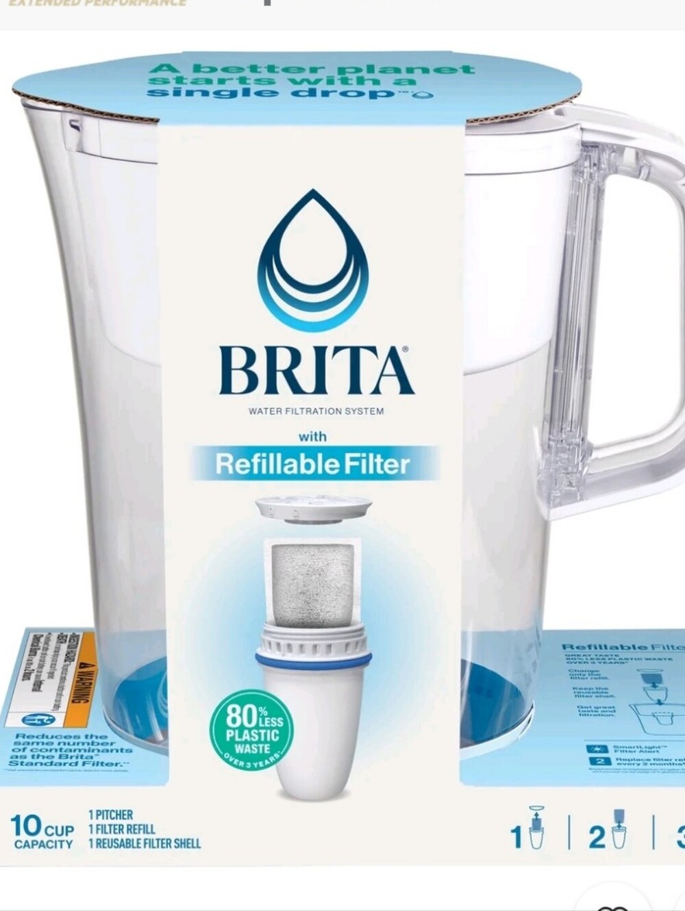Brita Refillable 10-Cup, White Plastic Water Filtration Pitcher